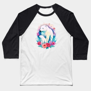 Polar Bear and Cub Floral Aesthetic Print Baseball T-Shirt